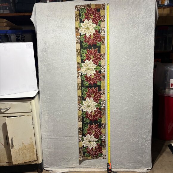 Poinsettia Tapestry Christmas Holiday Table Runner 12" X 66" - Picture 3 of 5